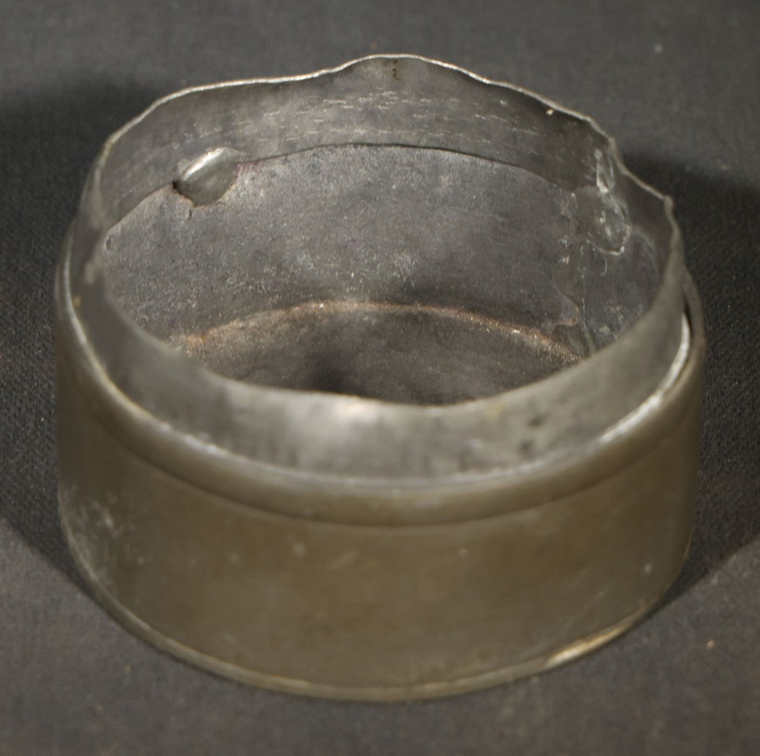 Antique Chinese Pewter Round Lidded Box with Stone Cabochon and Foliate Branch Decoration, Note Denting