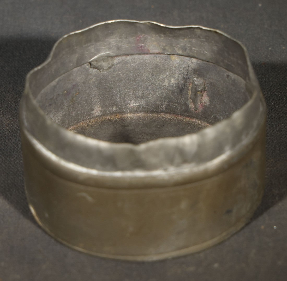 Antique Chinese Pewter Round Lidded Box with Stone Cabochon and Foliate Branch Decoration, Note Denting
