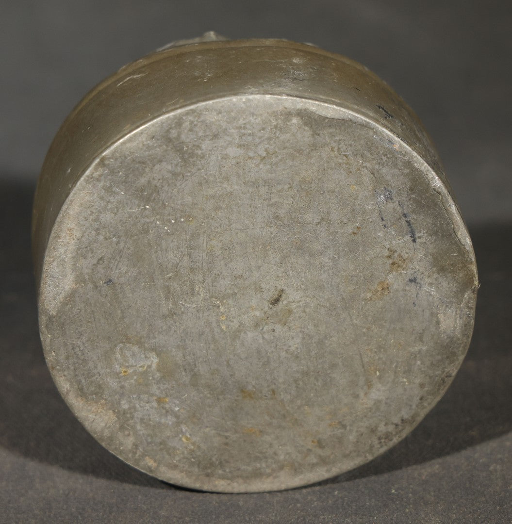 Antique Chinese Pewter Round Lidded Box with Stone Cabochon and Foliate Branch Decoration, Note Denting