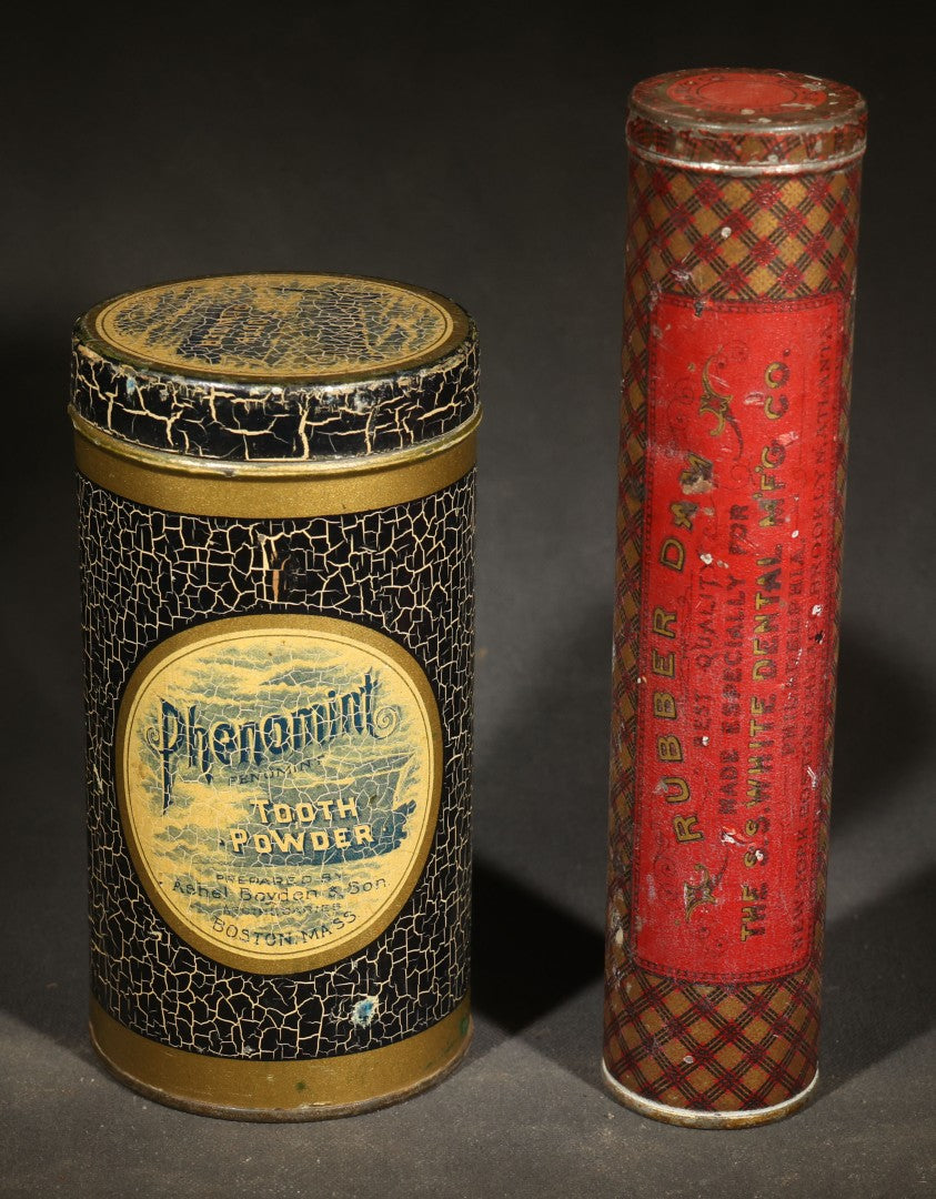 Pair of Antique Dental Advertising Tins including Phenomint Tooth Powder by Ashel Boyden & Son, Boston, Massachusetts and S.S. White Dental Mfg. Co. Rubber Dam