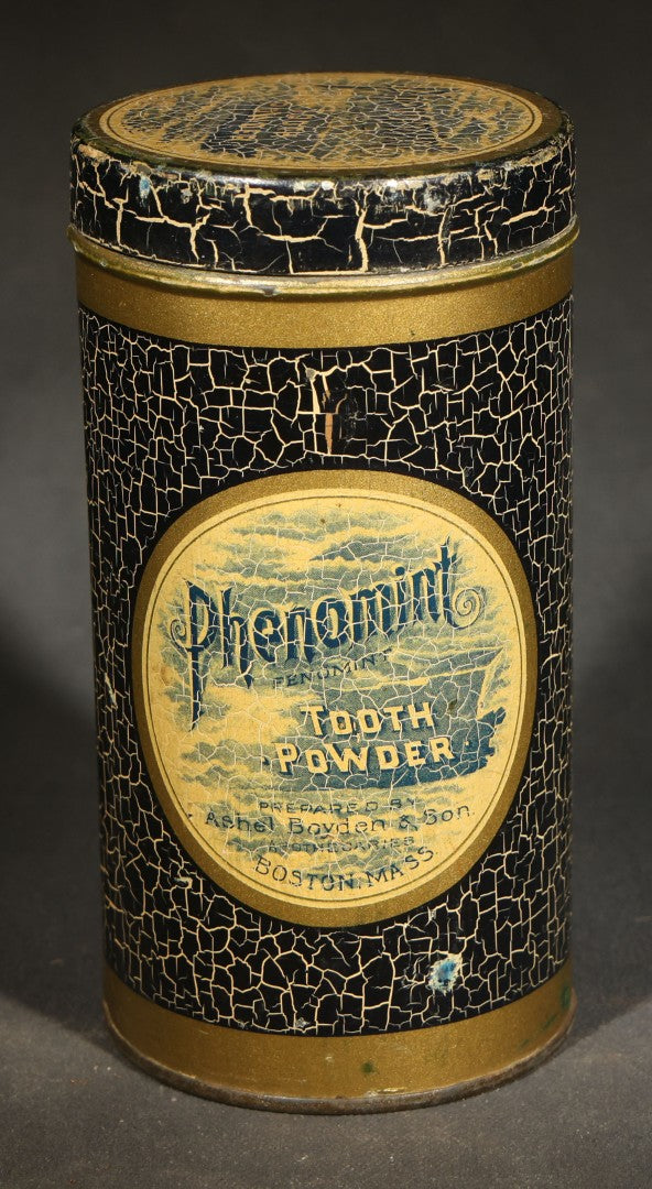Pair of Antique Dental Advertising Tins including Phenomint Tooth Powder by Ashel Boyden & Son, Boston, Massachusetts and S.S. White Dental Mfg. Co. Rubber Dam