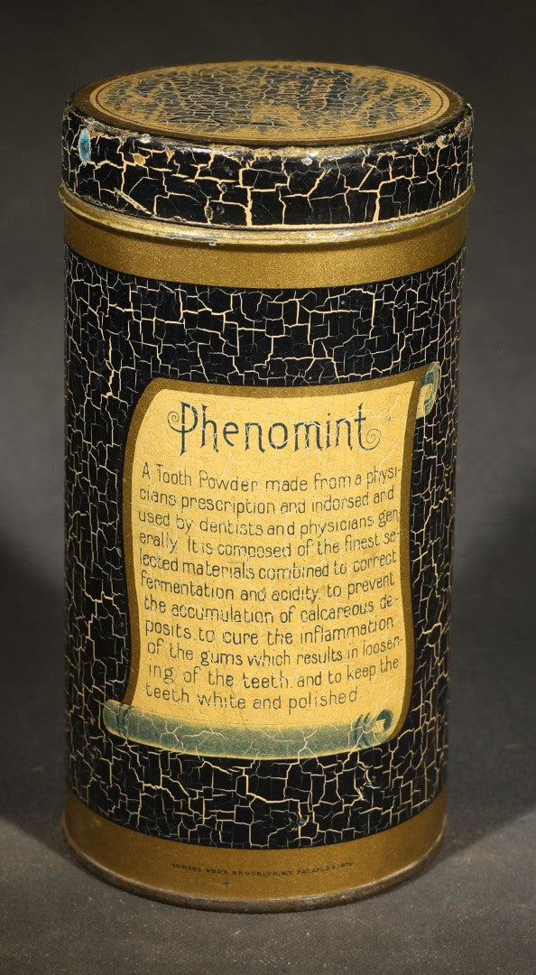 Pair of Antique Dental Advertising Tins including Phenomint Tooth Powder by Ashel Boyden & Son, Boston, Massachusetts and S.S. White Dental Mfg. Co. Rubber Dam