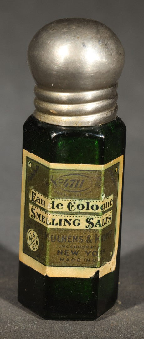 Trio of Antique Labeled Bottles including Listerine from Paxson & Rockefeller Co. of Butte, Montana, No. 4711 Eau de Cologne Smelling Salts by Mulhens & Kropff, and Whitman Toothache Gum