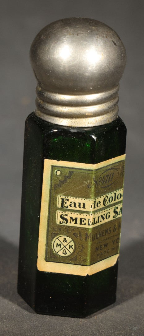 Trio of Antique Labeled Bottles including Listerine from Paxson & Rockefeller Co. of Butte, Montana, No. 4711 Eau de Cologne Smelling Salts by Mulhens & Kropff, and Whitman Toothache Gum