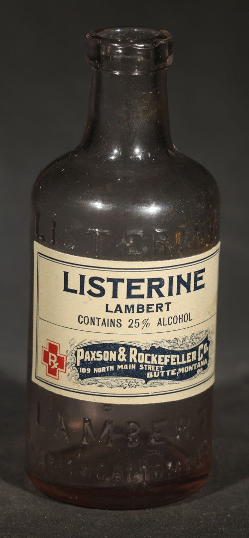 Trio of Antique Labeled Bottles including Listerine from Paxson & Rockefeller Co. of Butte, Montana, No. 4711 Eau de Cologne Smelling Salts by Mulhens & Kropff, and Whitman Toothache Gum