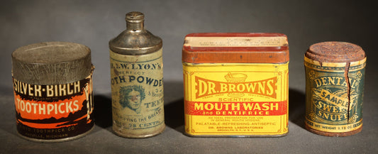 Grouping of Four Antique Tins and Containers including Silver Birch Toothpicks, Dr. I.W. Lyon's Tooth Powder, Dr. Brown's Mouth Wash and Dentifrice, and Dental Sweet Snuff