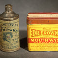 Lot 060 - Grouping of Four Antique Tins and Containers Including Silver Birch Toothpicks, Dr. I.W. Lyon's Tooth Powder, Dr. Brown's Mouth Wash and Dentifrice, and Dental Sweet Snuff