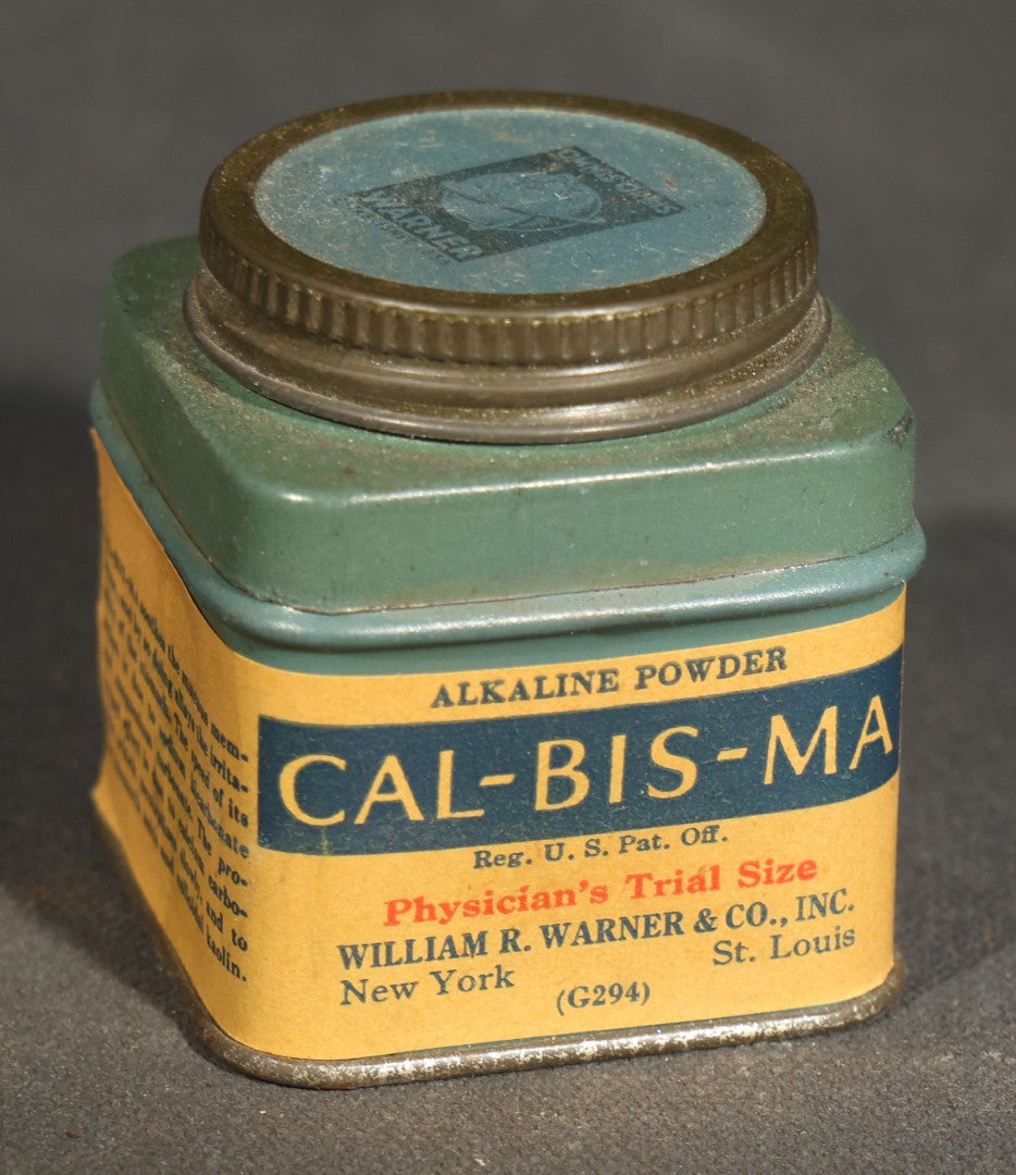 Grouping of Six Vintage Pharmaceutical and Personal Care Products including Parke-Davis Medicated Throat Discs, Rectal Medicone Suppositories, and Cal-Bis-Ma Alkaline Powder