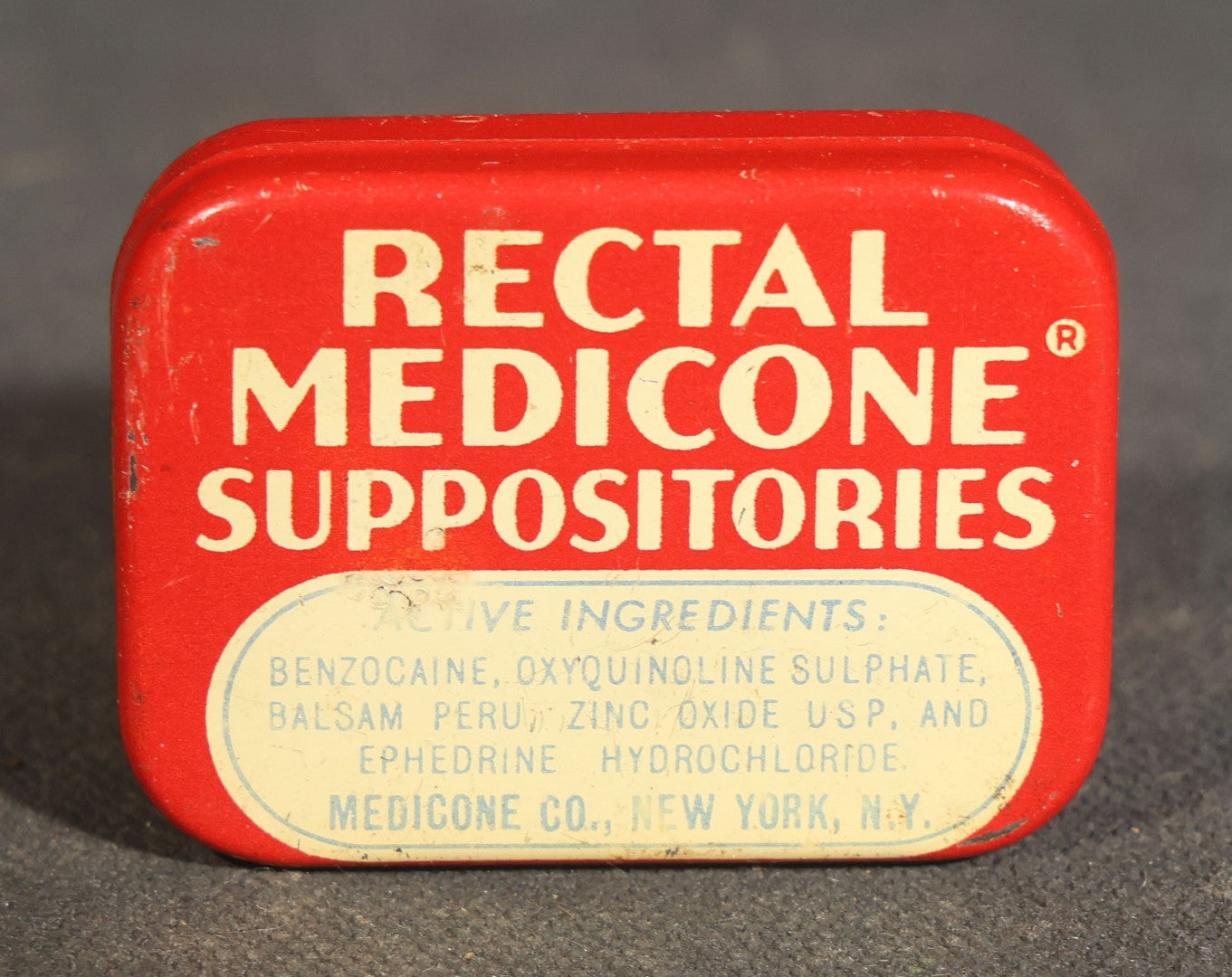 Grouping of Six Vintage Pharmaceutical and Personal Care Products including Parke-Davis Medicated Throat Discs, Rectal Medicone Suppositories, and Cal-Bis-Ma Alkaline Powder