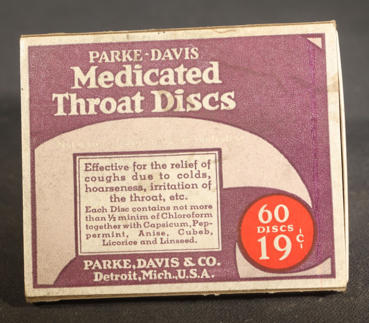 Grouping of Six Vintage Pharmaceutical and Personal Care Products including Parke-Davis Medicated Throat Discs, Rectal Medicone Suppositories, and Cal-Bis-Ma Alkaline Powder
