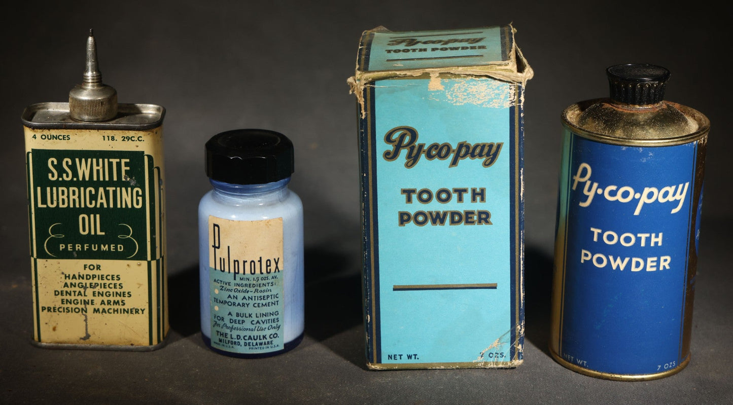 Grouping of Three Vintage Dental Products including S.S. White Lubricating Oil, Pulprotex Temporary Cement, and Py-co-pay Tooth Powder