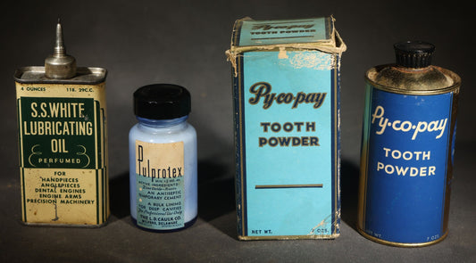 Grouping of Three Vintage Dental Products including S.S. White Lubricating Oil, Pulprotex Temporary Cement, and Py-co-pay Tooth Powder