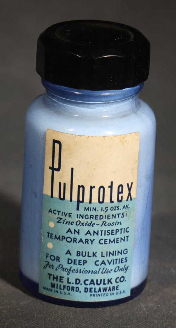 Grouping of Three Vintage Dental Products including S.S. White Lubricating Oil, Pulprotex Temporary Cement, and Py-co-pay Tooth Powder
