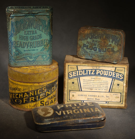 Grouping of Five Antique Advertising Tins and Boxes including Edgeworth Ready-Rubbed and Plug Slice Tobacco, Mechanics Friend Hand Soap, Pride of Virginia Tobacco, and Seidlitz Powders