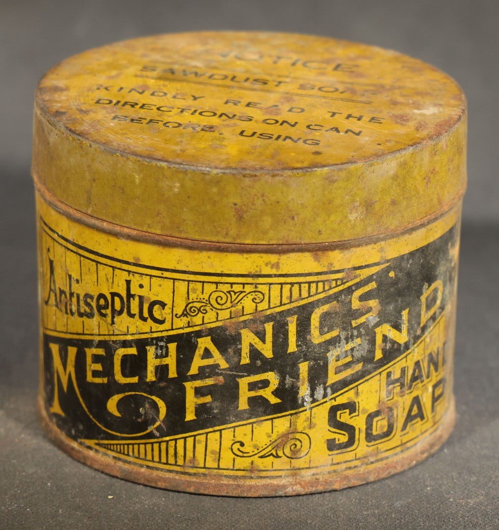Grouping of Five Antique Advertising Tins and Boxes including Edgeworth Ready-Rubbed and Plug Slice Tobacco, Mechanics Friend Hand Soap, Pride of Virginia Tobacco, and Seidlitz Powders