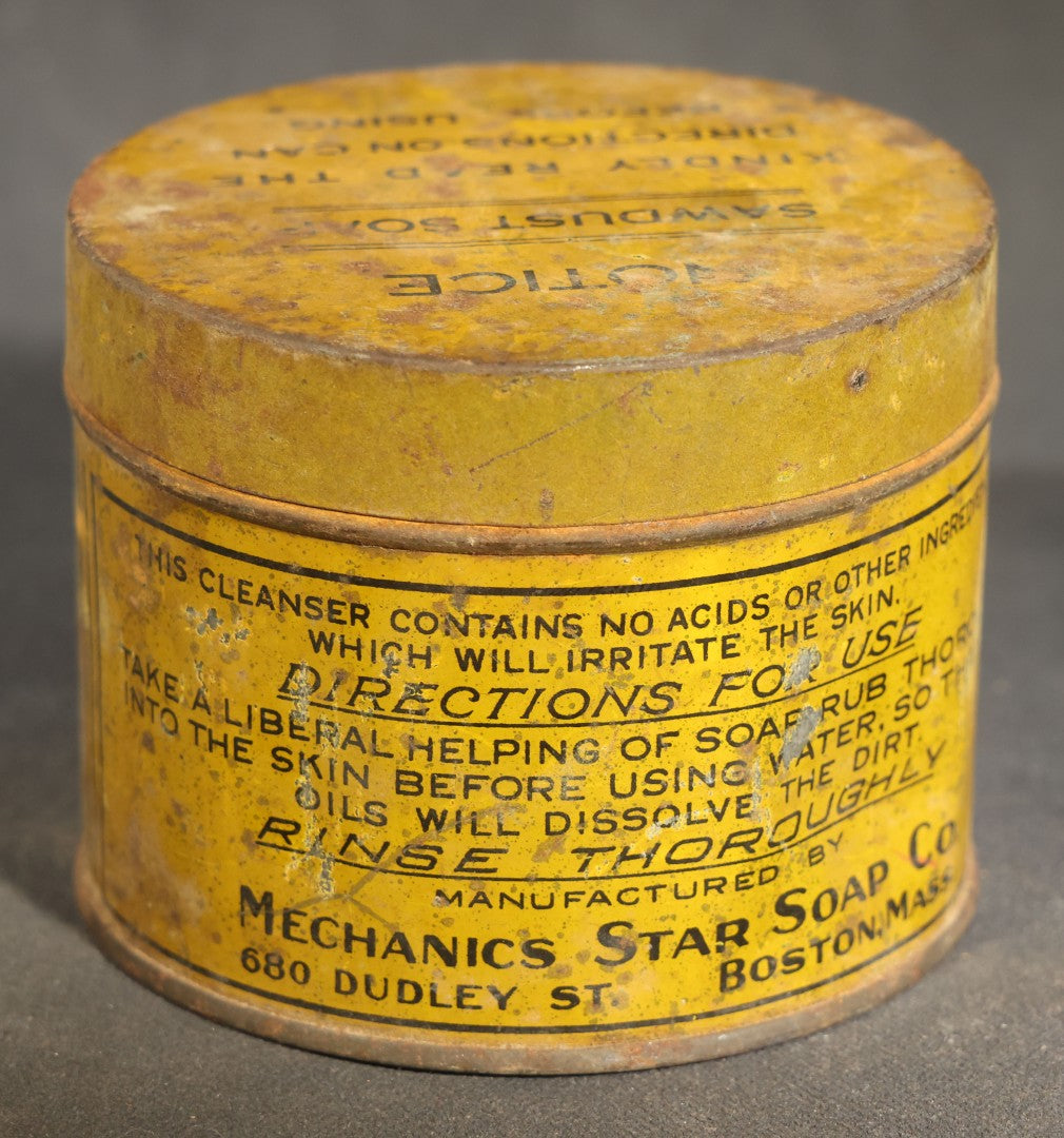 Grouping of Five Antique Advertising Tins and Boxes including Edgeworth Ready-Rubbed and Plug Slice Tobacco, Mechanics Friend Hand Soap, Pride of Virginia Tobacco, and Seidlitz Powders