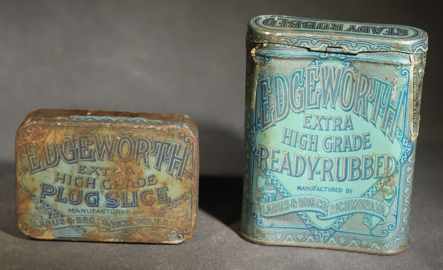 Grouping of Five Antique Advertising Tins and Boxes including Edgeworth Ready-Rubbed and Plug Slice Tobacco, Mechanics Friend Hand Soap, Pride of Virginia Tobacco, and Seidlitz Powders