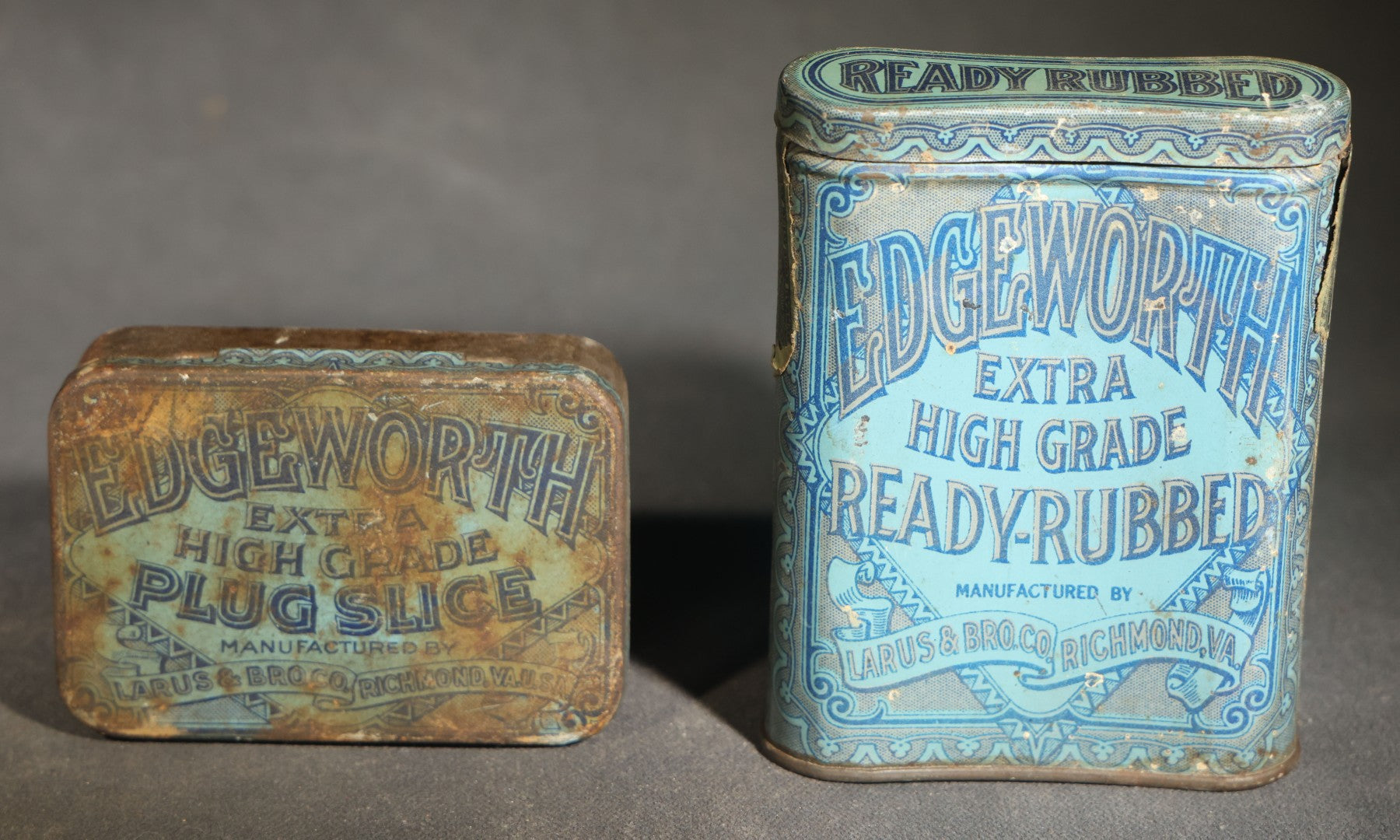 Grouping of Five Antique Advertising Tins and Boxes including Edgeworth Ready-Rubbed and Plug Slice Tobacco, Mechanics Friend Hand Soap, Pride of Virginia Tobacco, and Seidlitz Powders