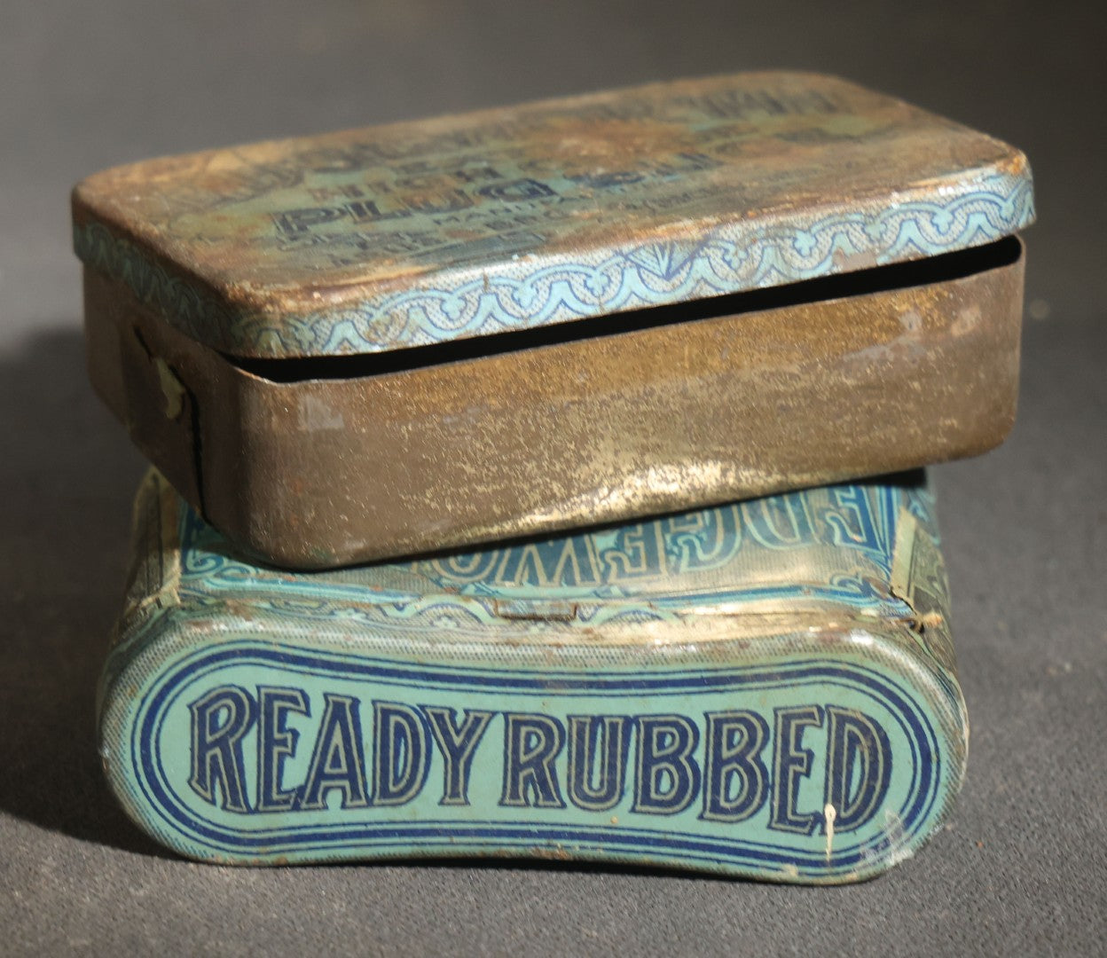 Grouping of Five Antique Advertising Tins and Boxes including Edgeworth Ready-Rubbed and Plug Slice Tobacco, Mechanics Friend Hand Soap, Pride of Virginia Tobacco, and Seidlitz Powders
