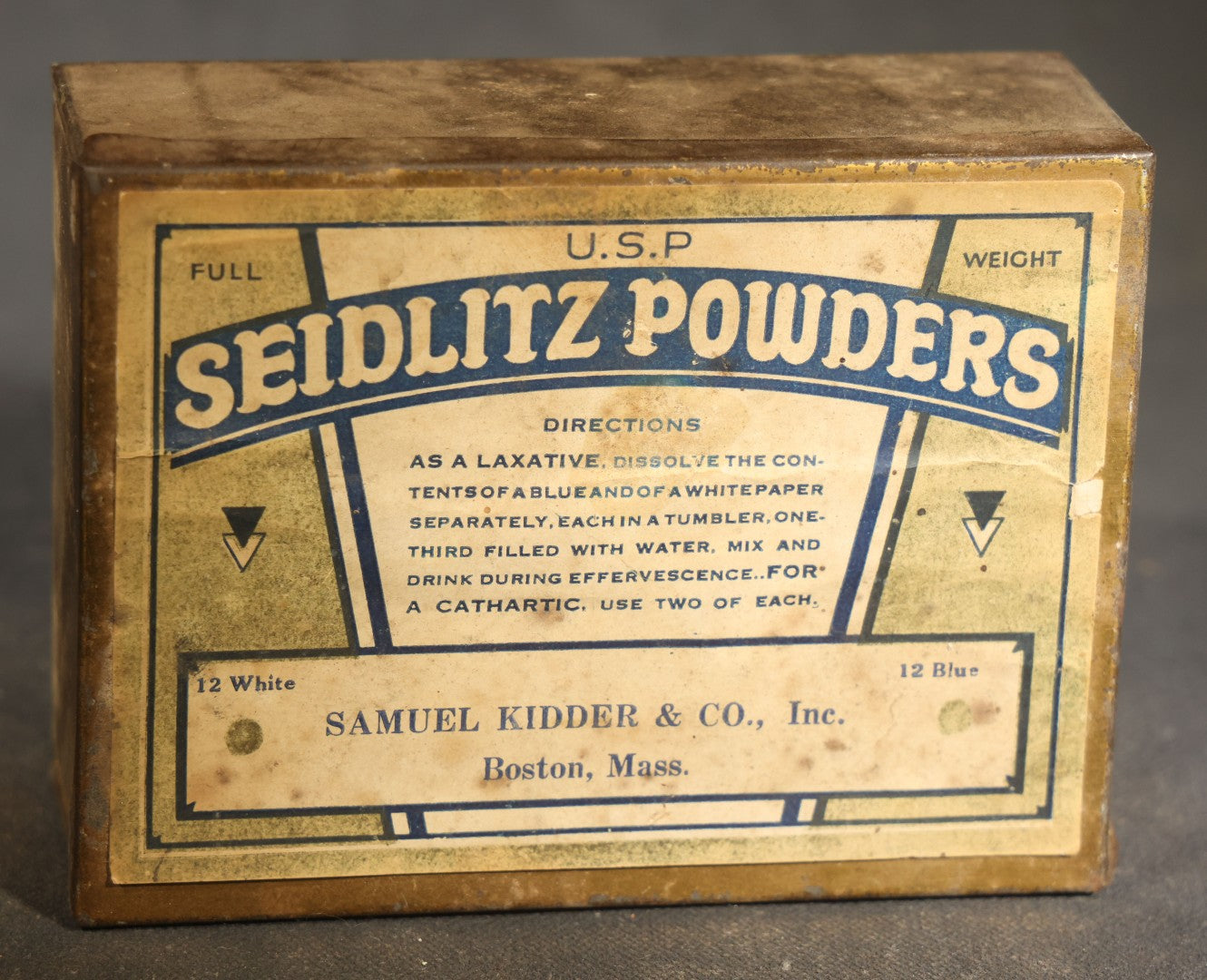 Grouping of Five Antique Advertising Tins and Boxes including Edgeworth Ready-Rubbed and Plug Slice Tobacco, Mechanics Friend Hand Soap, Pride of Virginia Tobacco, and Seidlitz Powders