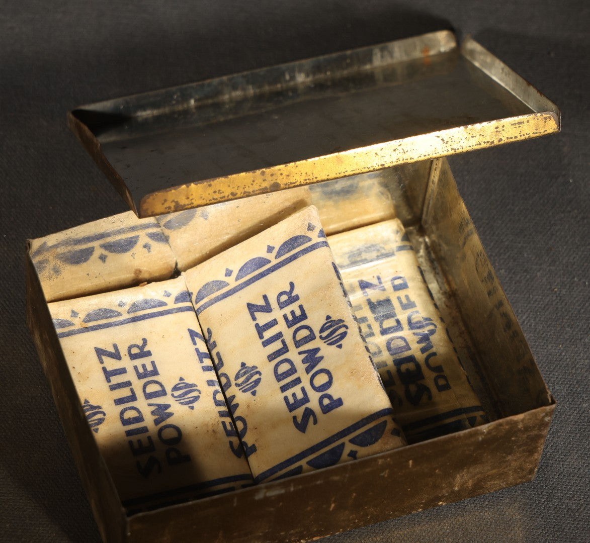 Grouping of Five Antique Advertising Tins and Boxes including Edgeworth Ready-Rubbed and Plug Slice Tobacco, Mechanics Friend Hand Soap, Pride of Virginia Tobacco, and Seidlitz Powders