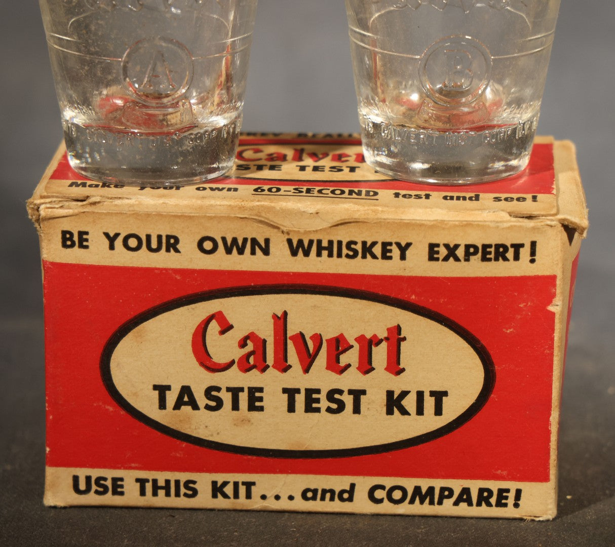 Vintage Calvert Whiskey Taste Test Kit Advertising Novelty with Two Embossed Shot Glasses, "Whiskey Expert" Certificate Cards, and Instruction Pamphlet in Original Box