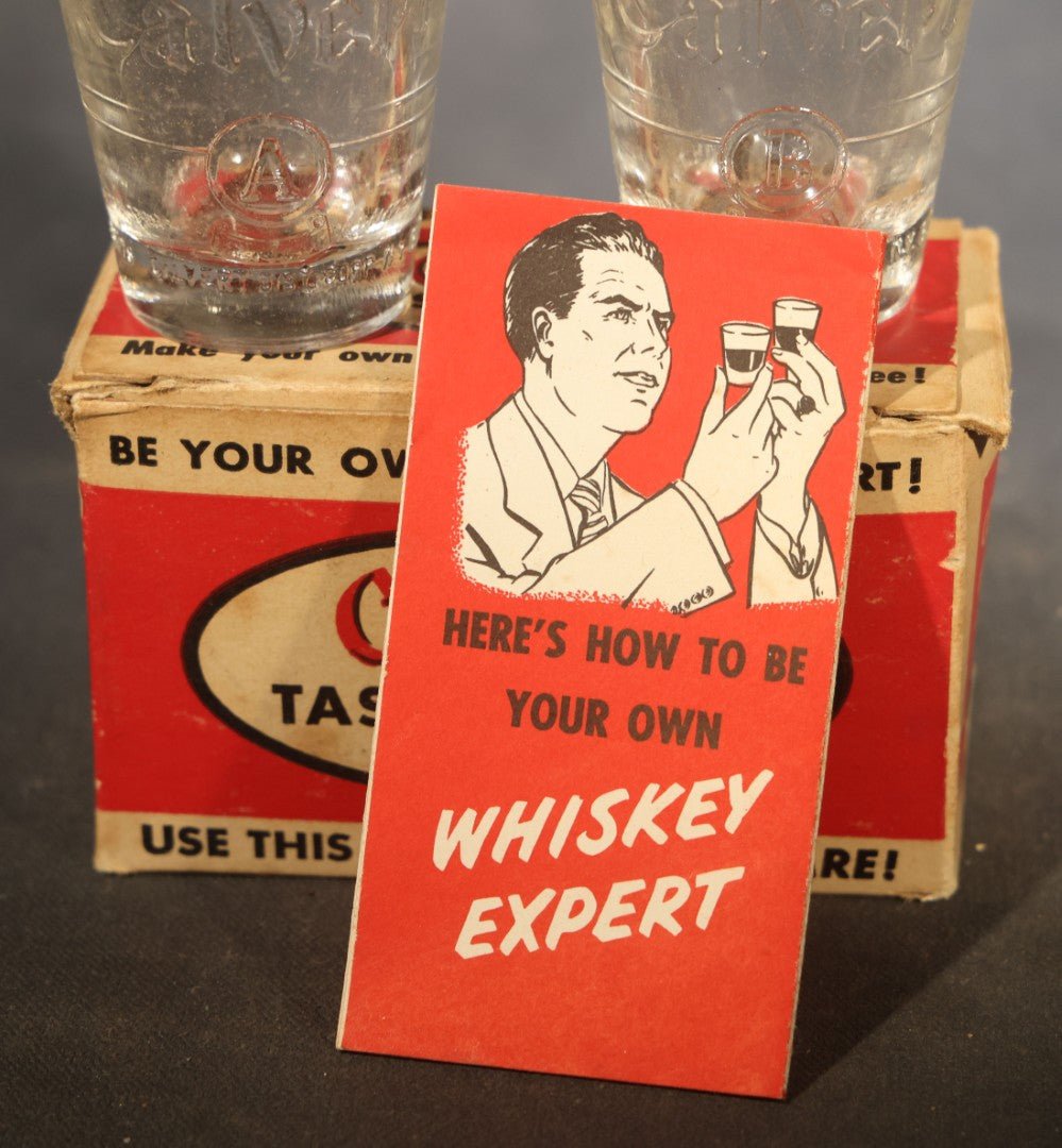 Vintage Calvert Whiskey Taste Test Kit Advertising Novelty with Two Embossed Shot Glasses, "Whiskey Expert" Certificate Cards, and Instruction Pamphlet in Original Box