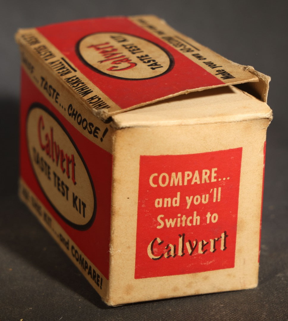 Vintage Calvert Whiskey Taste Test Kit Advertising Novelty with Two Embossed Shot Glasses, "Whiskey Expert" Certificate Cards, and Instruction Pamphlet in Original Box