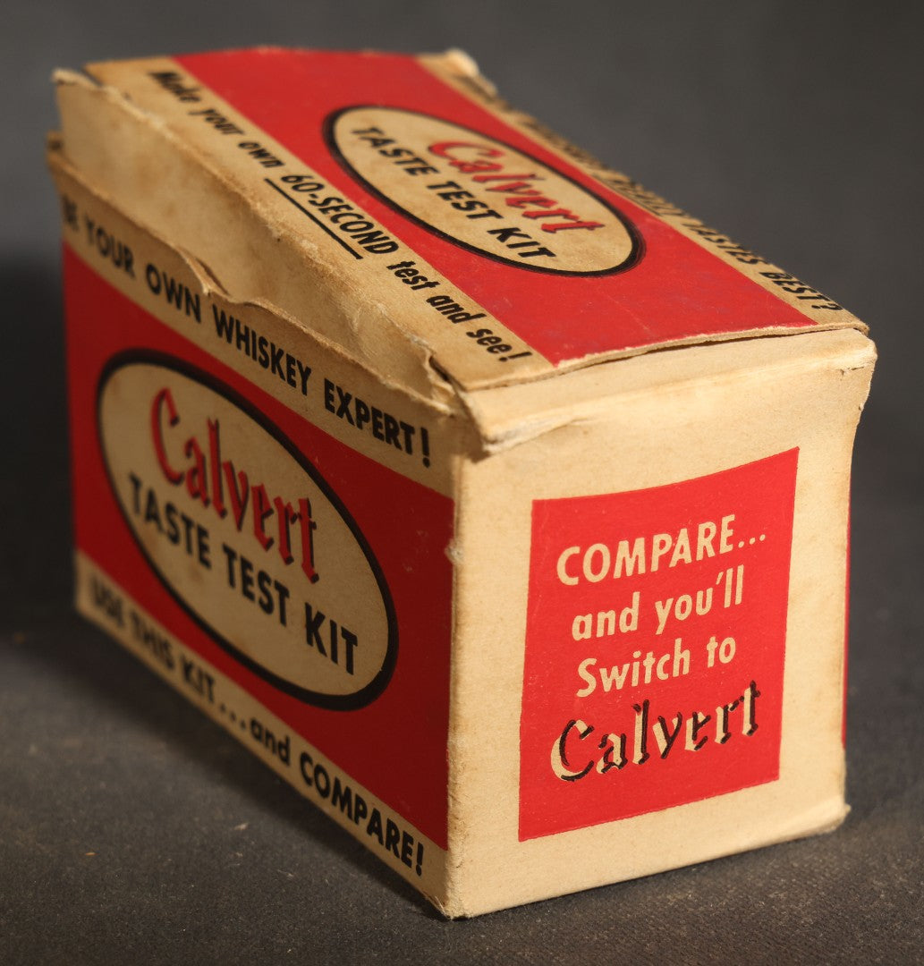 Vintage Calvert Whiskey Taste Test Kit Advertising Novelty with Two Embossed Shot Glasses, "Whiskey Expert" Certificate Cards, and Instruction Pamphlet in Original Box