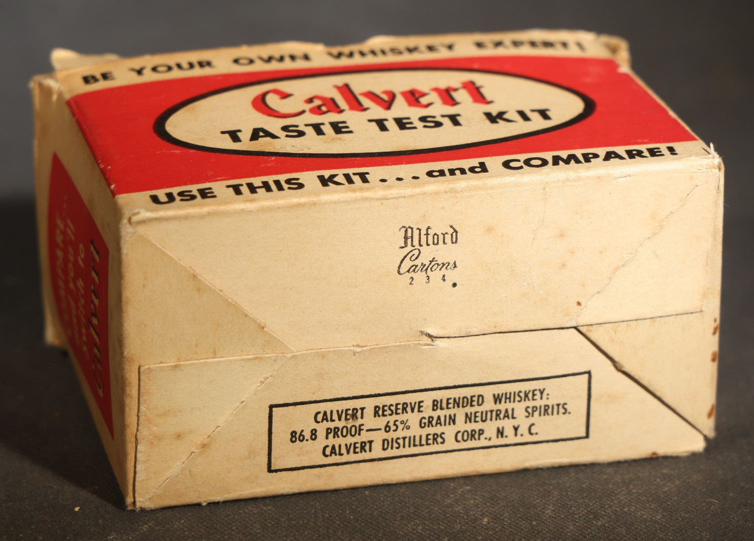 Vintage Calvert Whiskey Taste Test Kit Advertising Novelty with Two Embossed Shot Glasses, "Whiskey Expert" Certificate Cards, and Instruction Pamphlet in Original Box