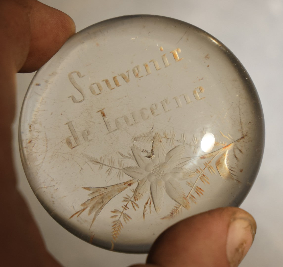 Antique "Souvenir de Lucerne" ("Souvenir of Lucerne") Swiss Glass Paperweight with Pressed Flowers and Ferns, Note Chip