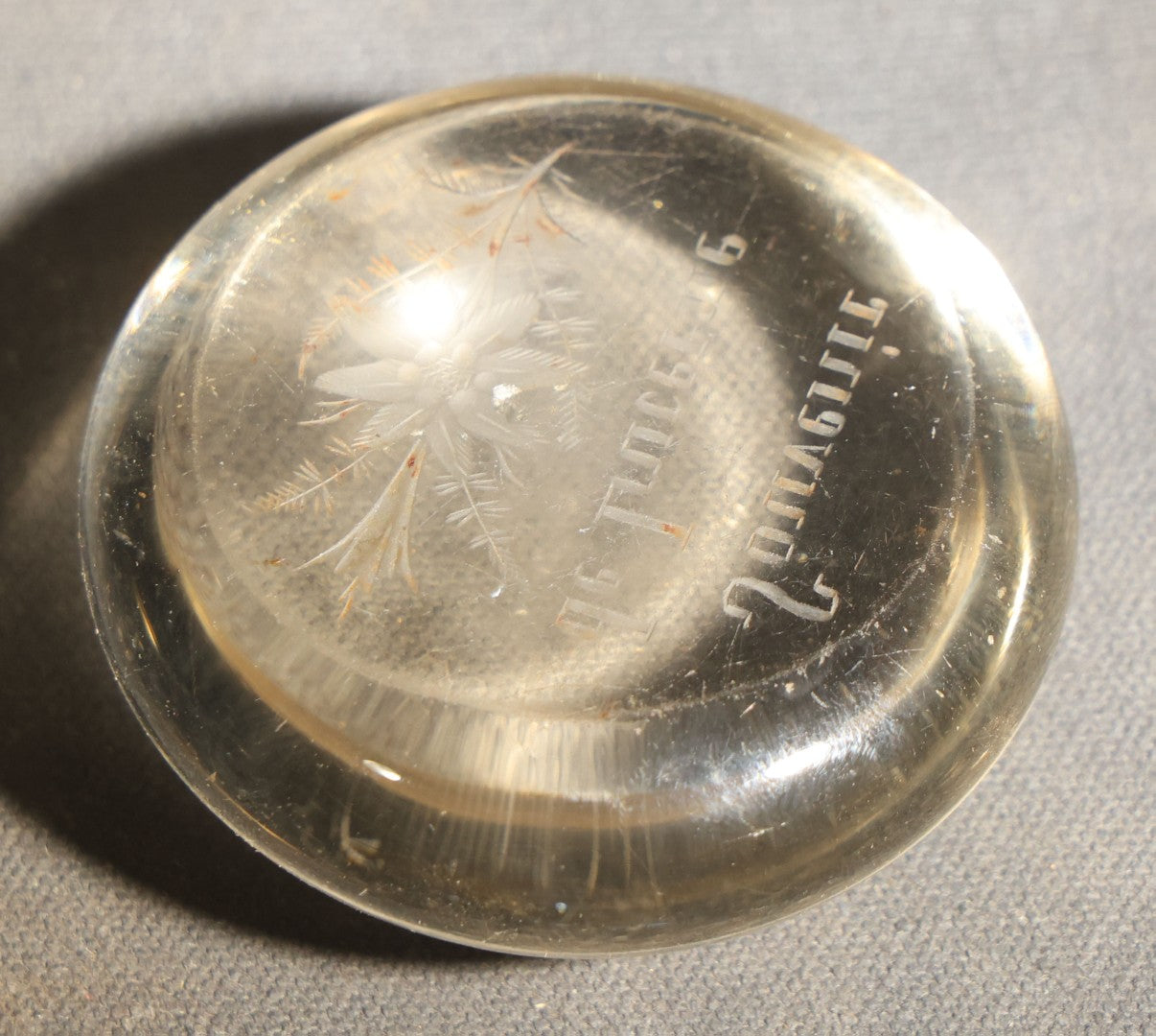 Antique "Souvenir de Lucerne" ("Souvenir of Lucerne") Swiss Glass Paperweight with Pressed Flowers and Ferns, Note Chip