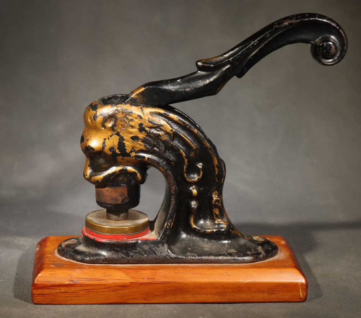 Antique Cast Iron Figural Lion Desk Seal Press for Empire Building Company, Wisconsin, on Wood Base
