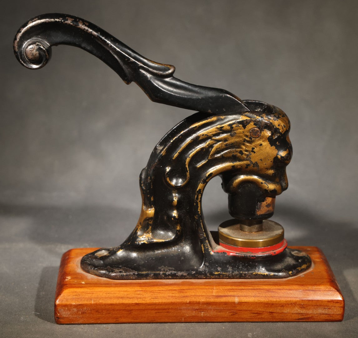 Antique Cast Iron Figural Lion Desk Seal Press for Empire Building Company, Wisconsin, on Wood Base