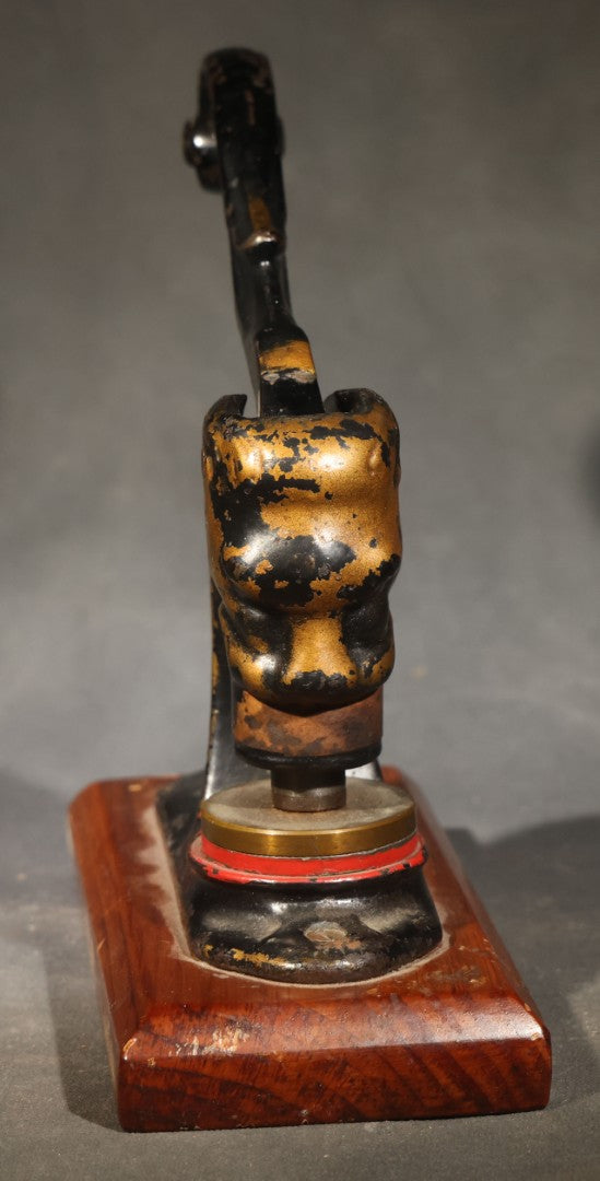 Antique Cast Iron Figural Lion Desk Seal Press for Empire Building Company, Wisconsin, on Wood Base