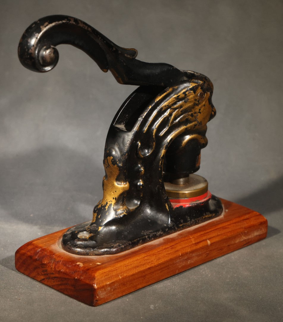 Antique Cast Iron Figural Lion Desk Seal Press for Empire Building Company, Wisconsin, on Wood Base