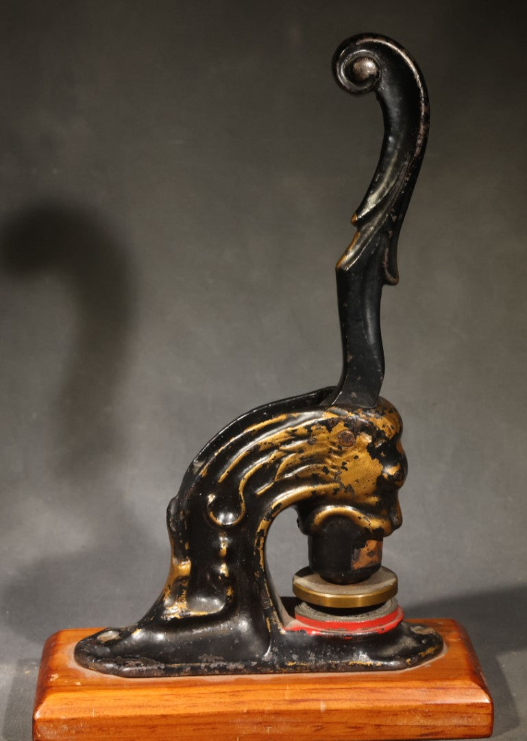 Antique Cast Iron Figural Lion Desk Seal Press for Empire Building Company, Wisconsin, on Wood Base