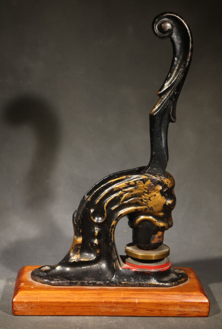 Antique Cast Iron Figural Lion Desk Seal Press for Empire Building Company, Wisconsin, on Wood Base