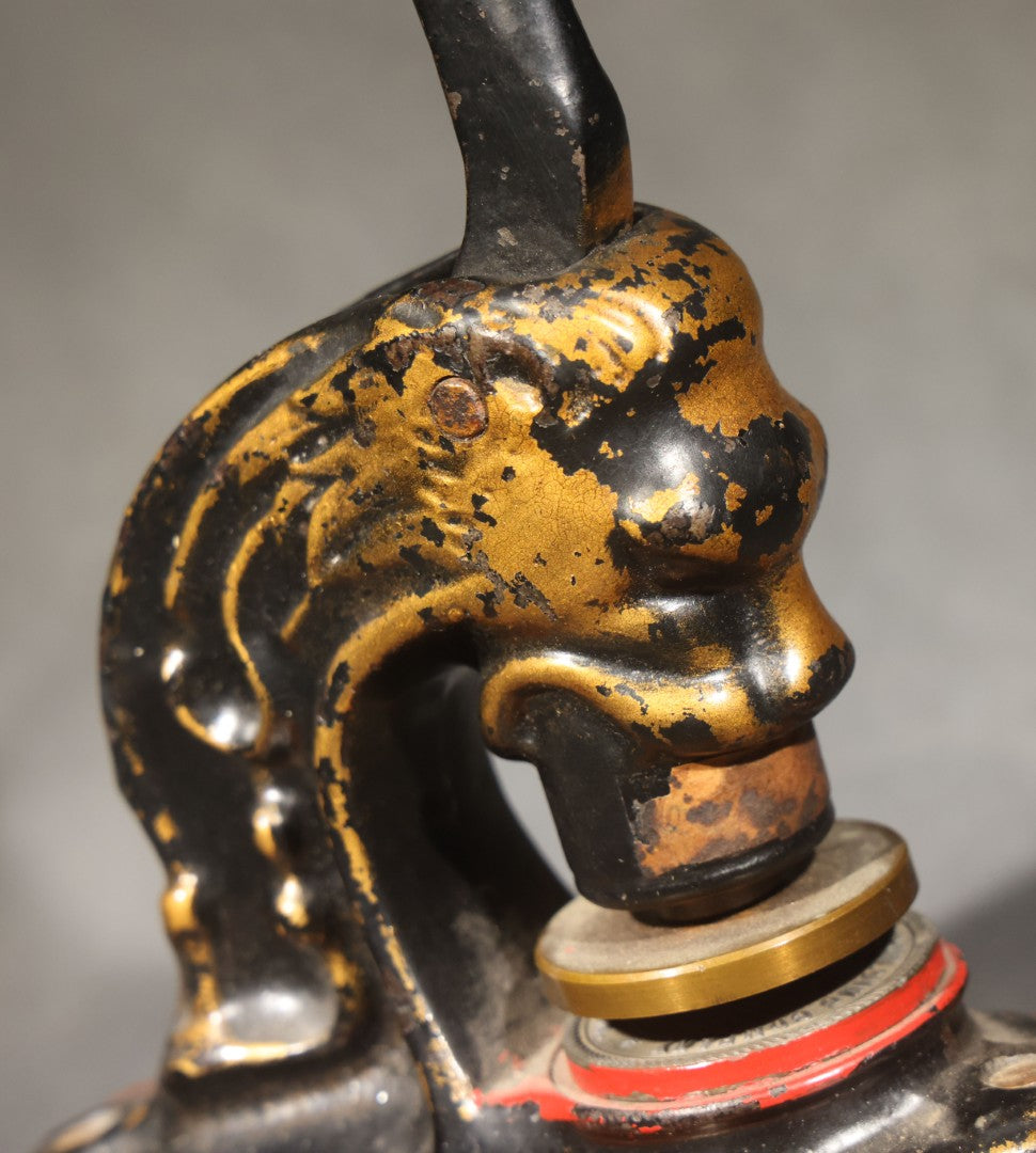 Antique Cast Iron Figural Lion Desk Seal Press for Empire Building Company, Wisconsin, on Wood Base