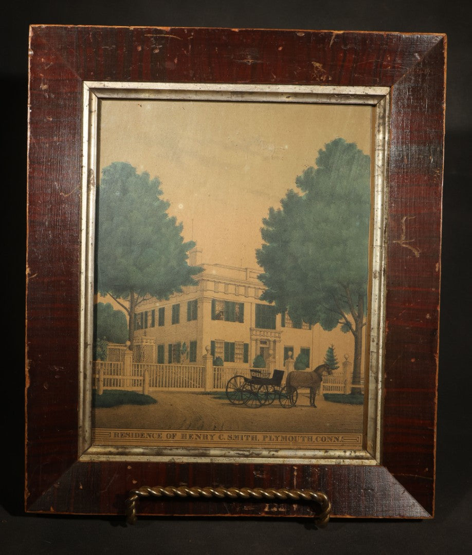 Antique Framed Hand-Colored Lithograph Print, "Residence of Henry C. Smith, Plymouth, Conn." with Horse and Carriage