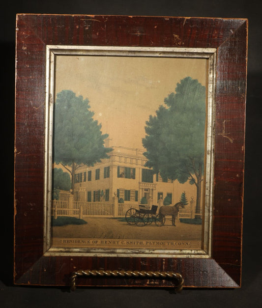 Antique Framed Hand-Colored Lithograph Print, "Residence of Henry C. Smith, Plymouth, Conn." with Horse and Carriage