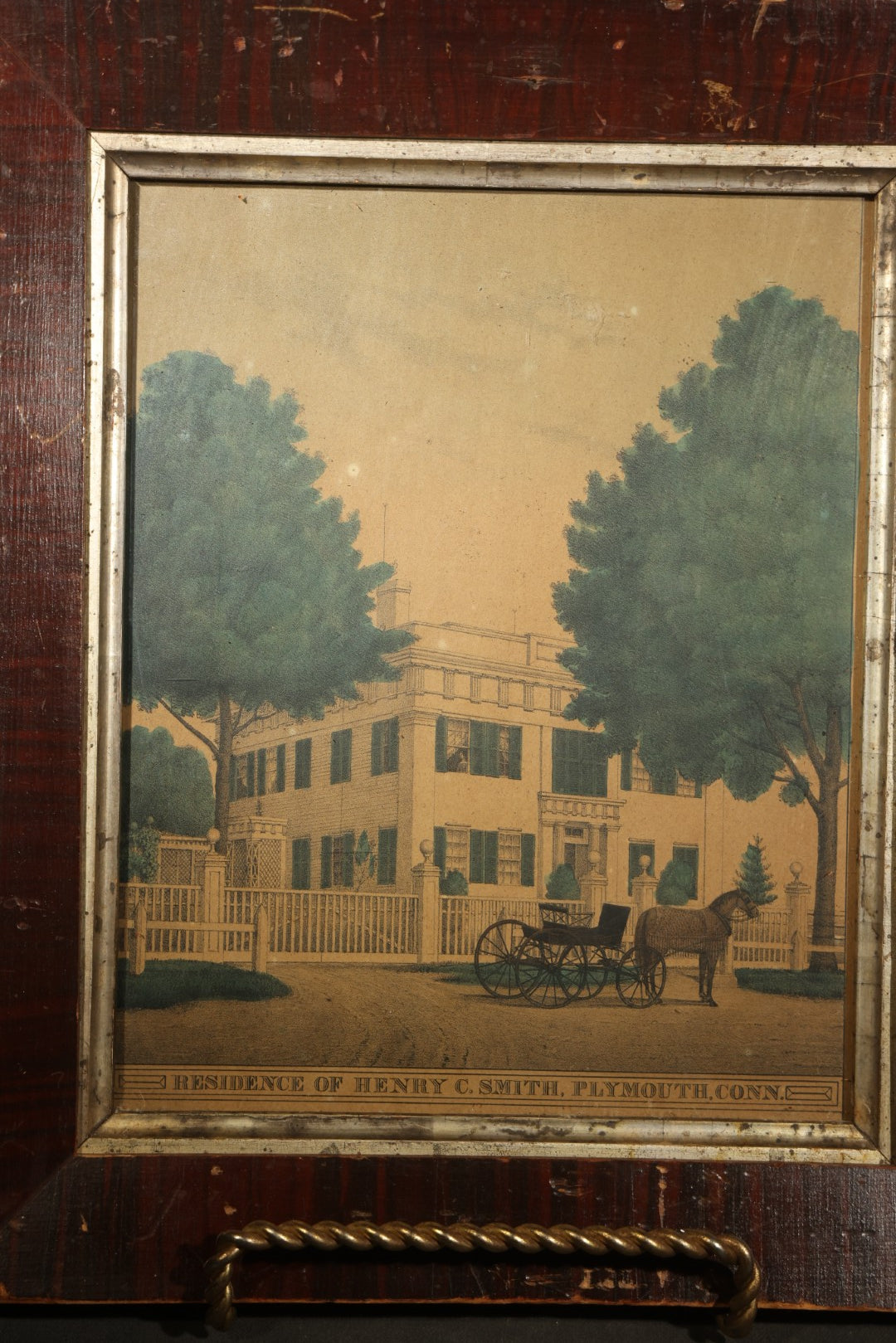 Antique Framed Hand-Colored Lithograph Print, "Residence of Henry C. Smith, Plymouth, Conn." with Horse and Carriage