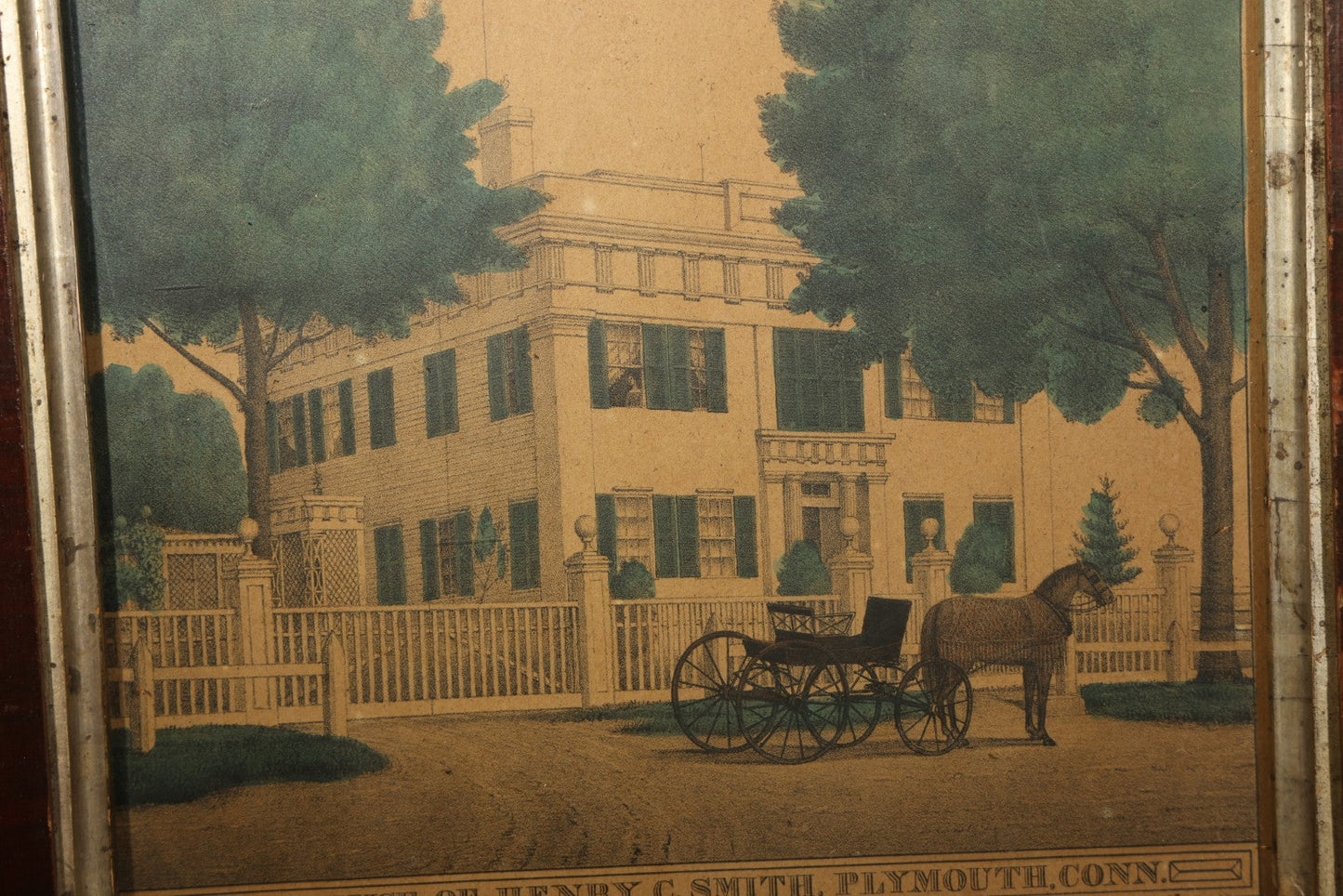 Antique Framed Hand-Colored Lithograph Print, "Residence of Henry C. Smith, Plymouth, Conn." with Horse and Carriage