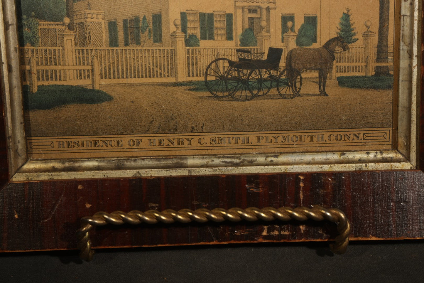 Antique Framed Hand-Colored Lithograph Print, "Residence of Henry C. Smith, Plymouth, Conn." with Horse and Carriage