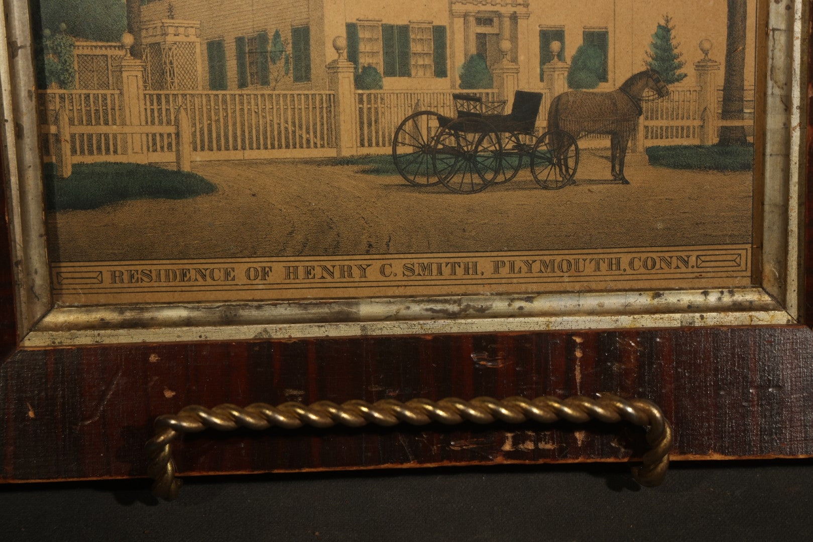 Antique Framed Hand-Colored Lithograph Print, "Residence of Henry C. Smith, Plymouth, Conn." with Horse and Carriage