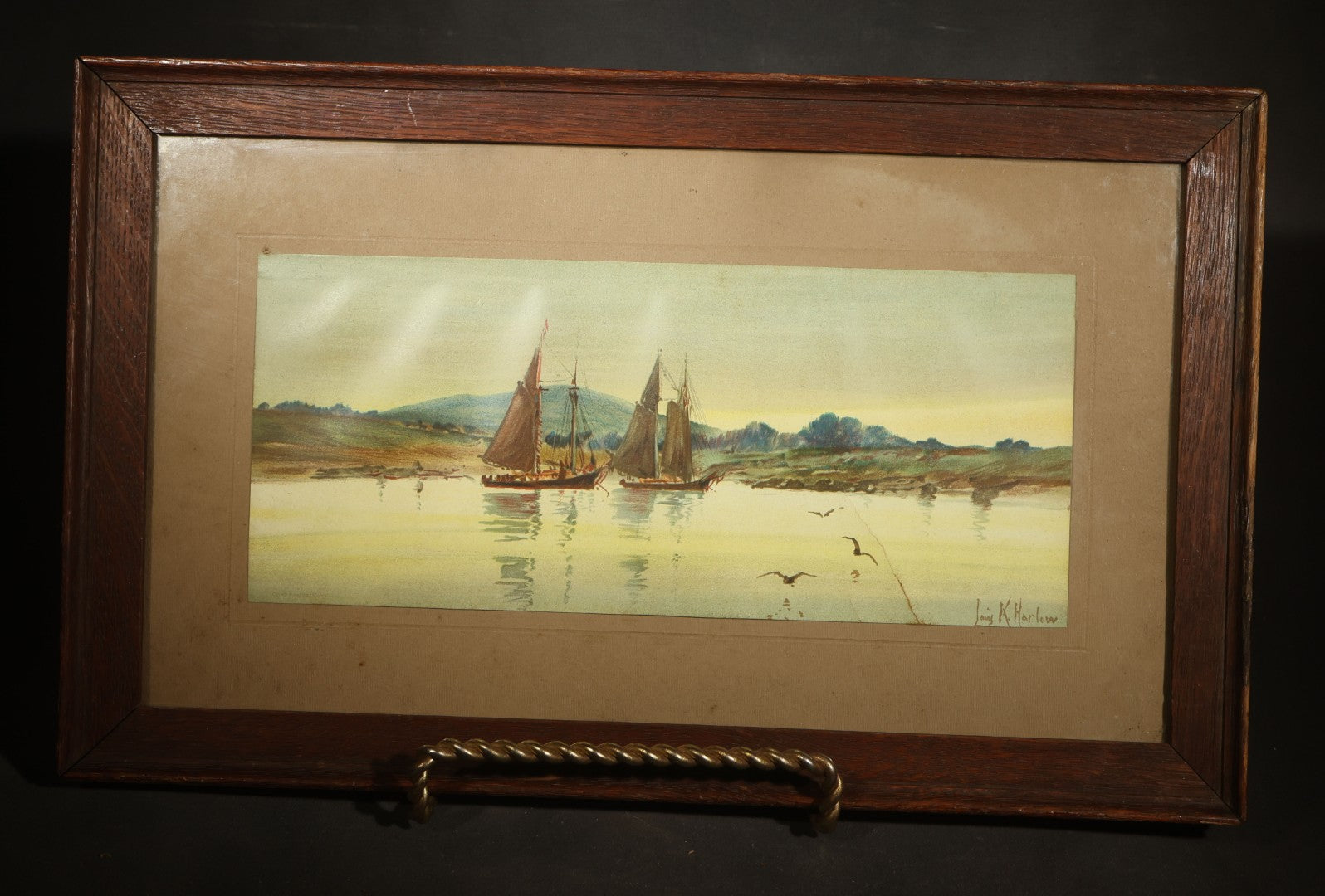 Antique Framed Louis K. Harlow Chromolithograph Print of Sailing Vessels in a Harbor, Copyright 1899, Published by L. Prang & Co., Boston, Massachusetts