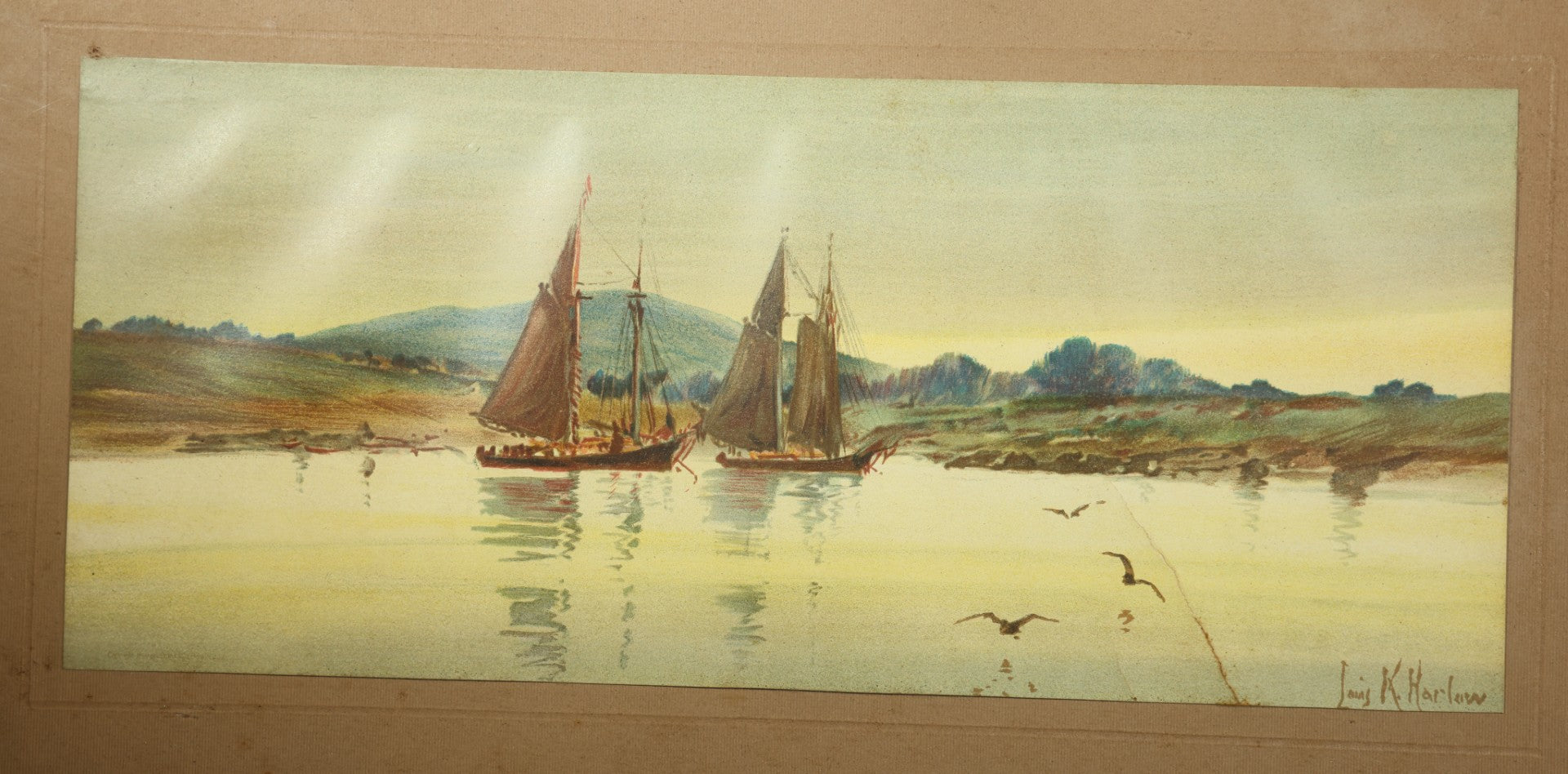 Antique Framed Louis K. Harlow Chromolithograph Print of Sailing Vessels in a Harbor, Copyright 1899, Published by L. Prang & Co., Boston, Massachusetts