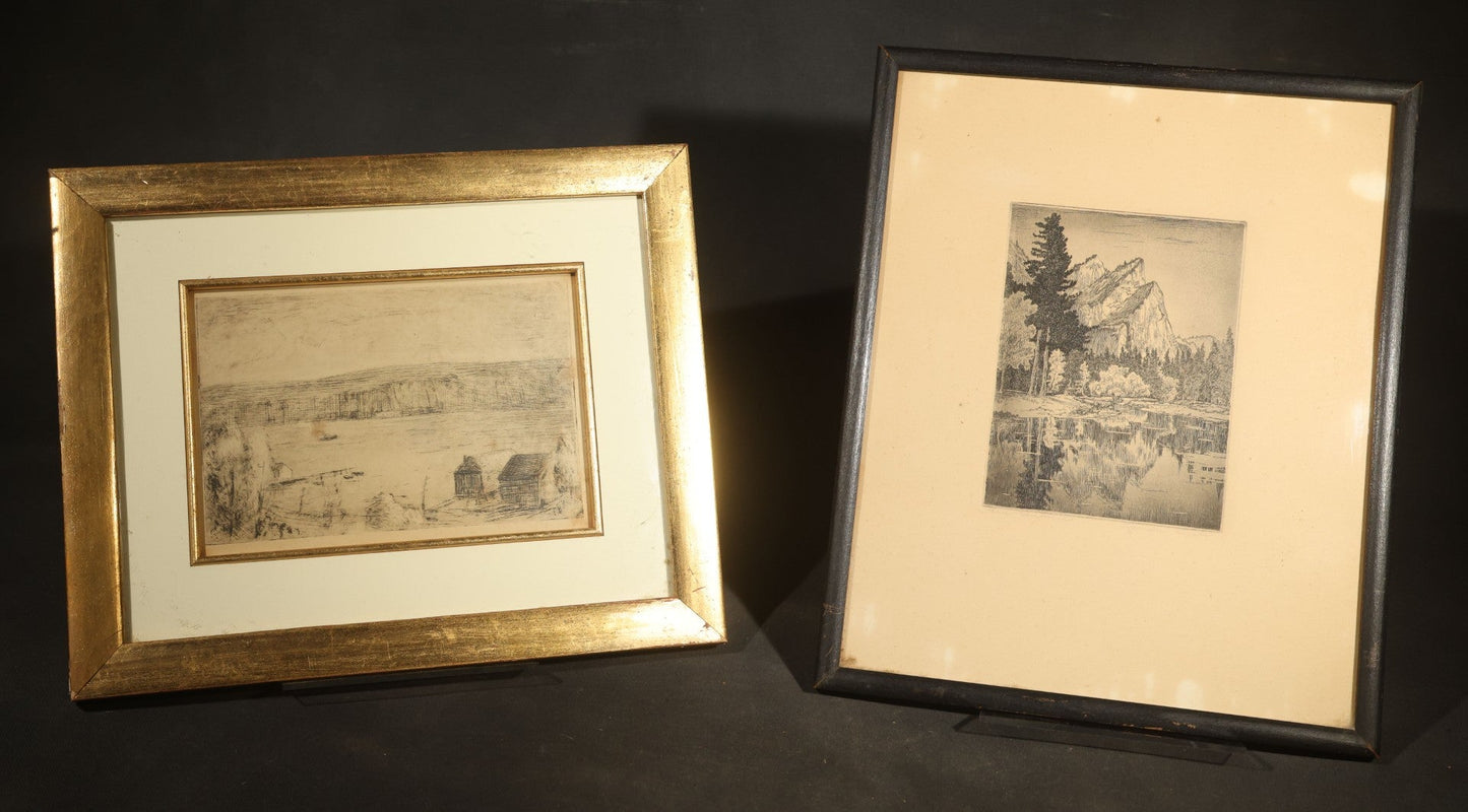 Pair of Vintage Framed Etchings including Three Brothers, Yosemite National Park, and Coastal Scene with Buildings