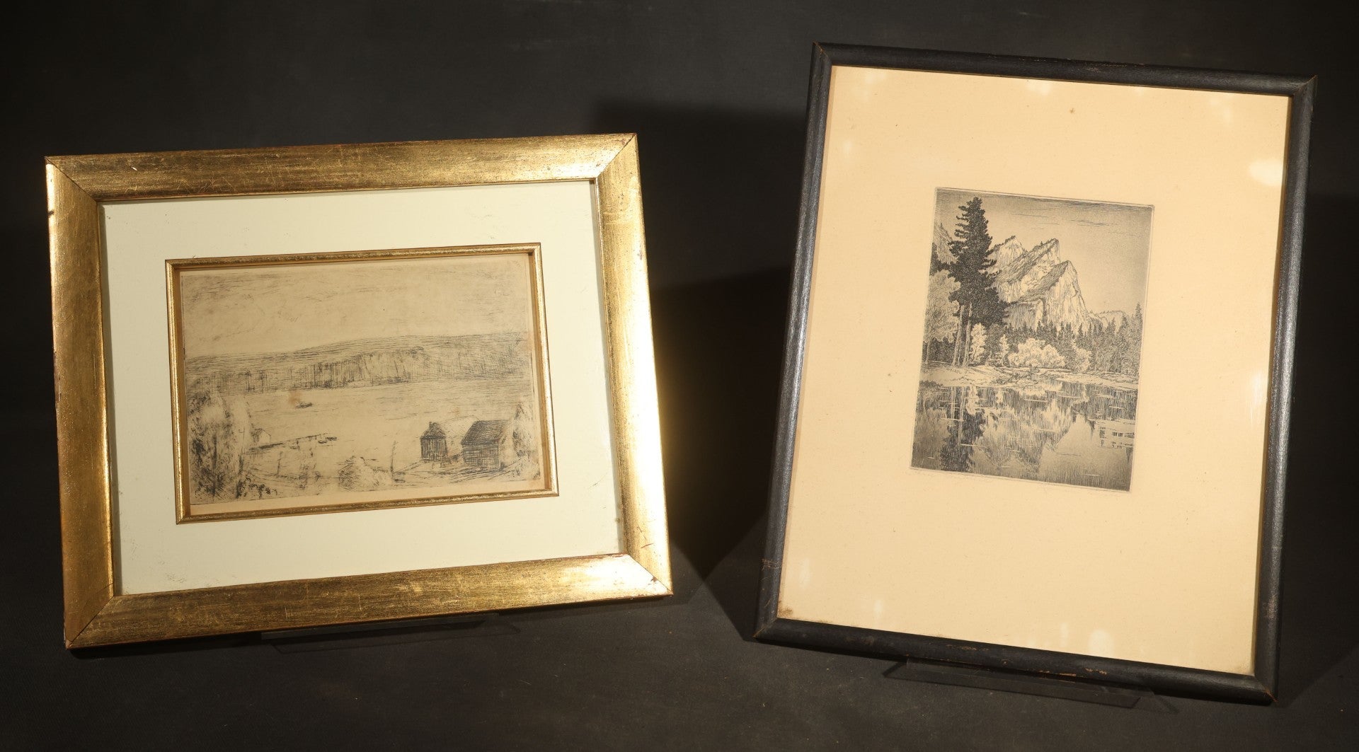 Pair of Vintage Framed Etchings including Three Brothers, Yosemite National Park, and Coastal Scene with Buildings