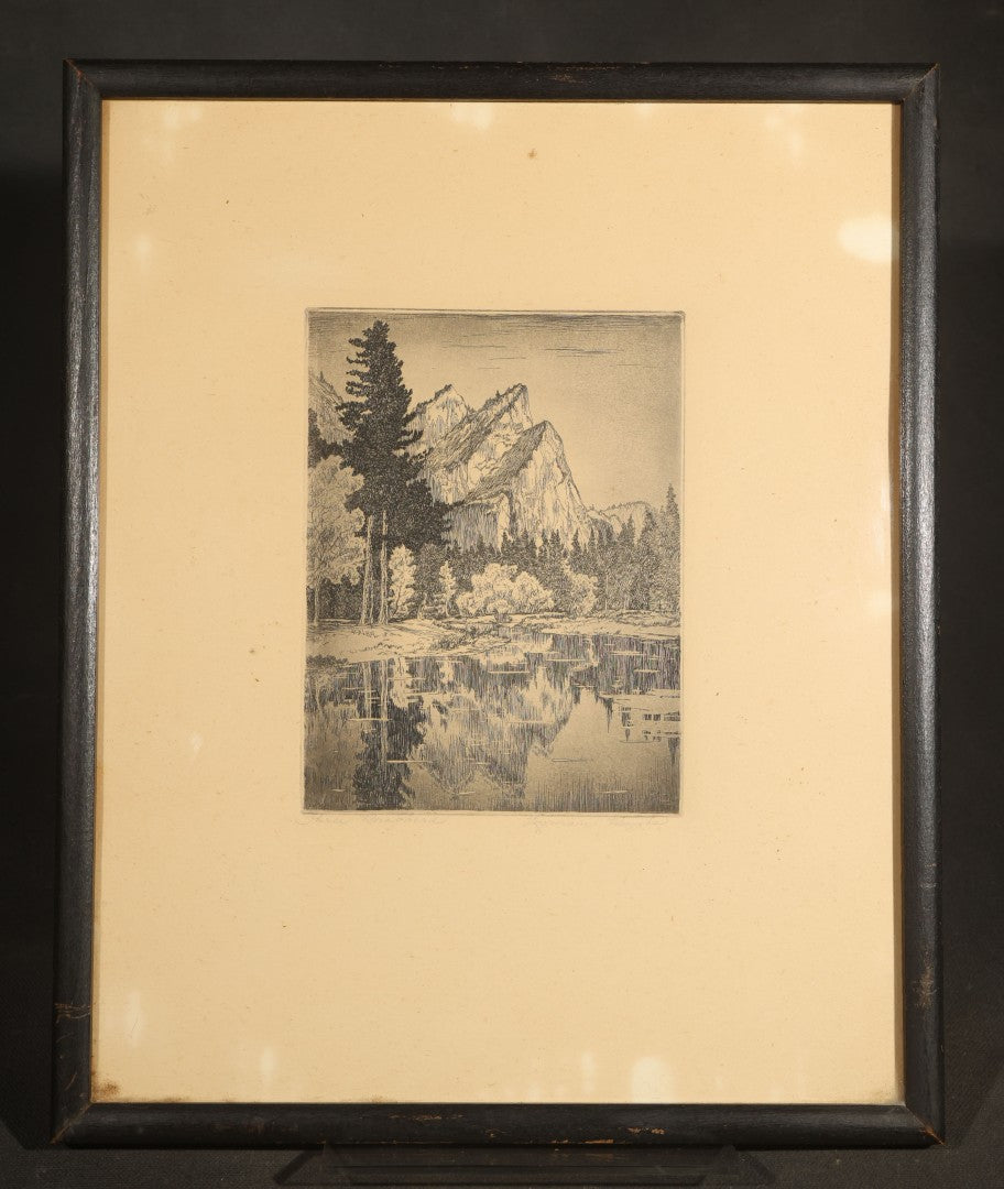 Pair of Vintage Framed Etchings including Three Brothers, Yosemite National Park, and Coastal Scene with Buildings